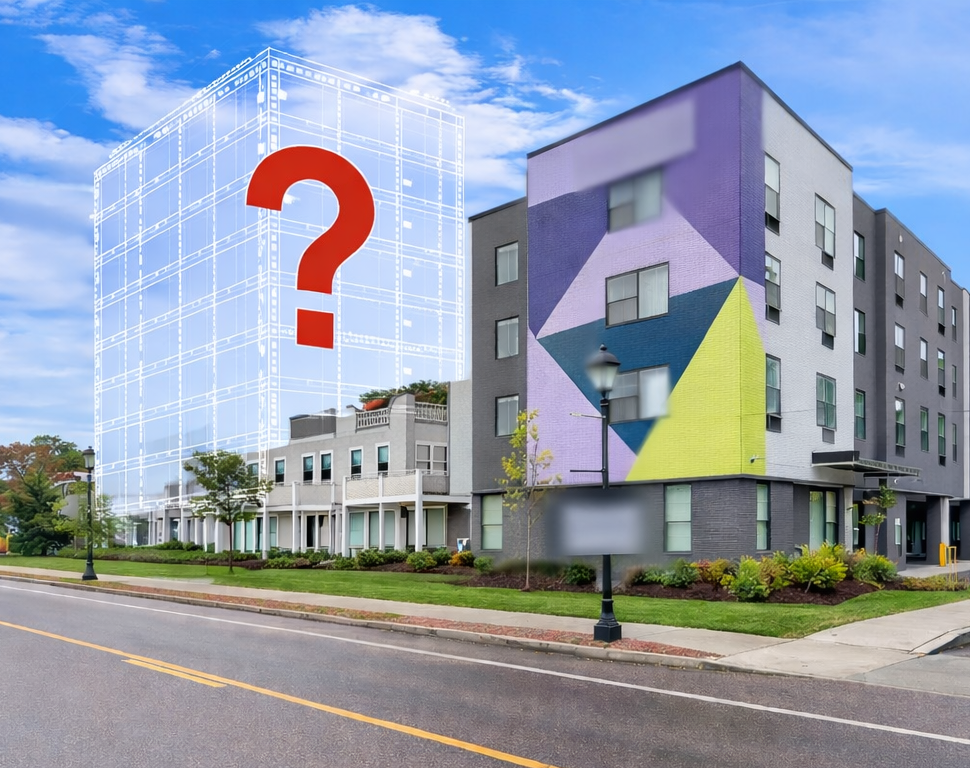 Mockup of a potential 10-story building on Pearl St, in Essex Junction VT