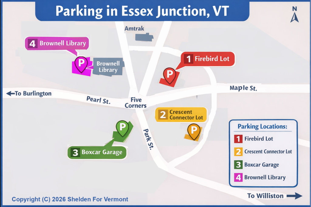 An overview of some slightly hidden parking spots in Essex Junction VT